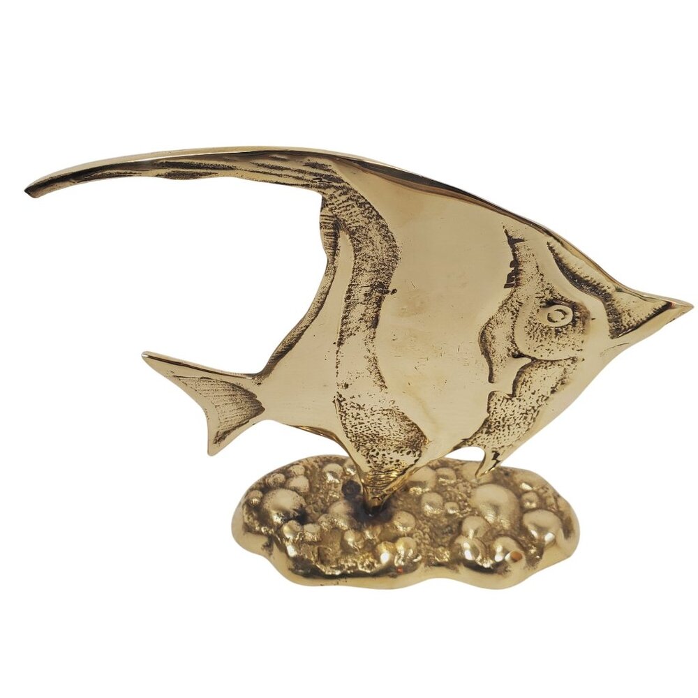 VTG Solid Brass Angelfish Figurine Mid Century Tropical Fish Statue Coastal Ocea
